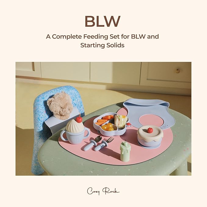 COZY ROCK Silicone Baby Feeding Set, Gelato Collection Baby Led Weaning Supplies, First Self-Feeding Set with Silicone Suction Bowl & Plate, Straw Cup & Bib, Fork & Spoon