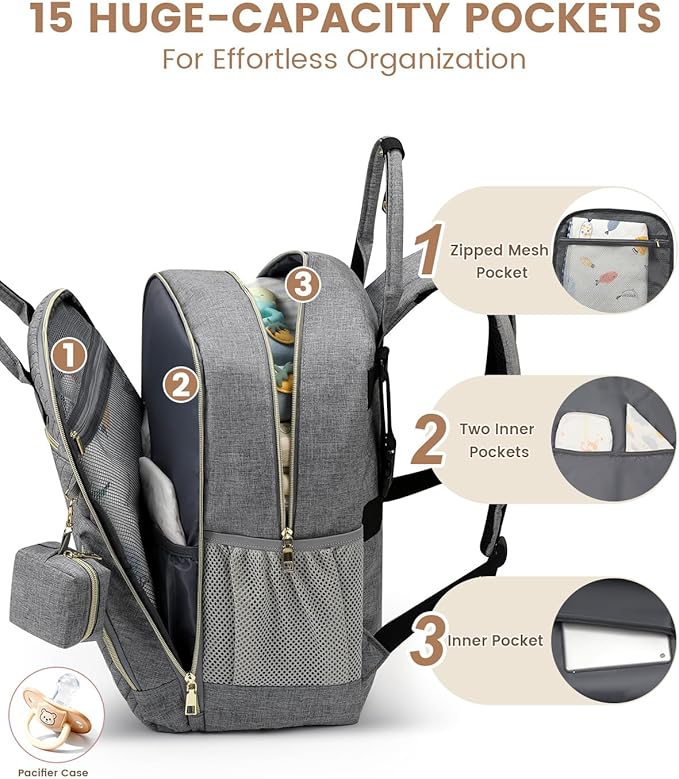 Diaper Bag Backpack,Baby Essentials Diapers Bag with Pacifier Case,Multipurpose Stylish Large Capacity Travel Backpack for Baby Girl/Boy(L-Grey)