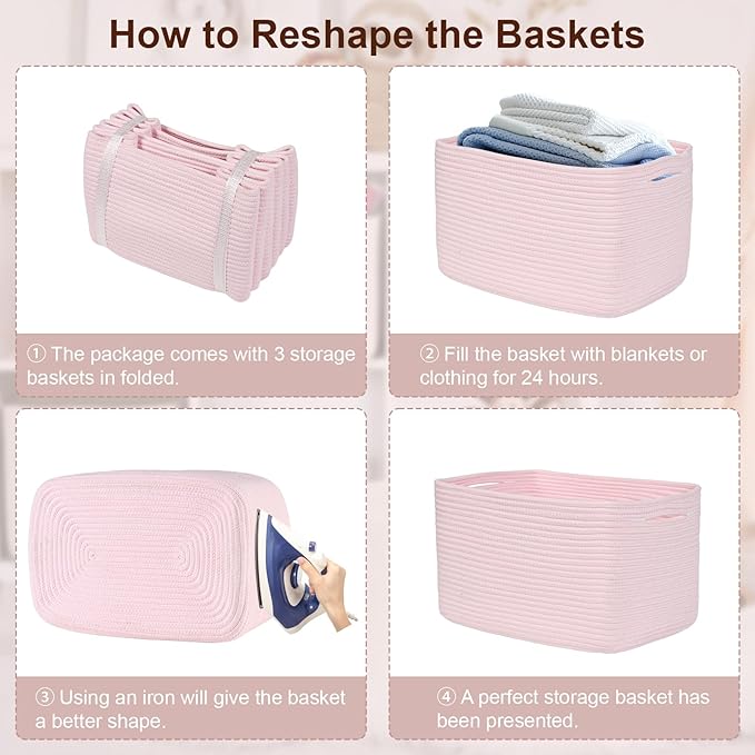 Woven Storage Baskets, Pink Baskets for Organizing, 3 Pack Woven Basket for Storage, Storage Baskets for Shelf, Towel, Toy, Book, Closet, Baby 15"×10"×9"