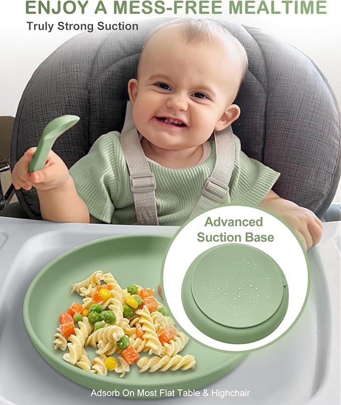 Qyeejong Classic Toddler Plates with Suction 2 Pcs, BPA Free Silicone Baby Suction Plates, Stick Dinner Dishes for Baby Toddler Kids, Dishwasher Safe, Stackable