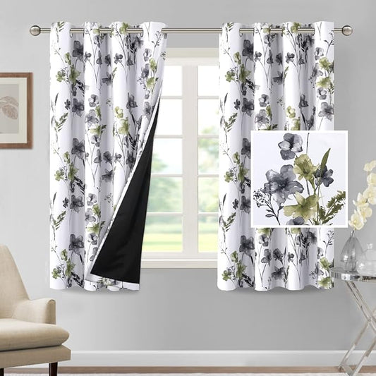 H.VERSAILTEX 100% Blackout Curtains 63 inch Length 2 Panels Set Cattleya Floral Printed Drapes Leah Floral Thermal Curtains for Bedroom with Black Liner Sound Proof Curtains, Grey and Olive