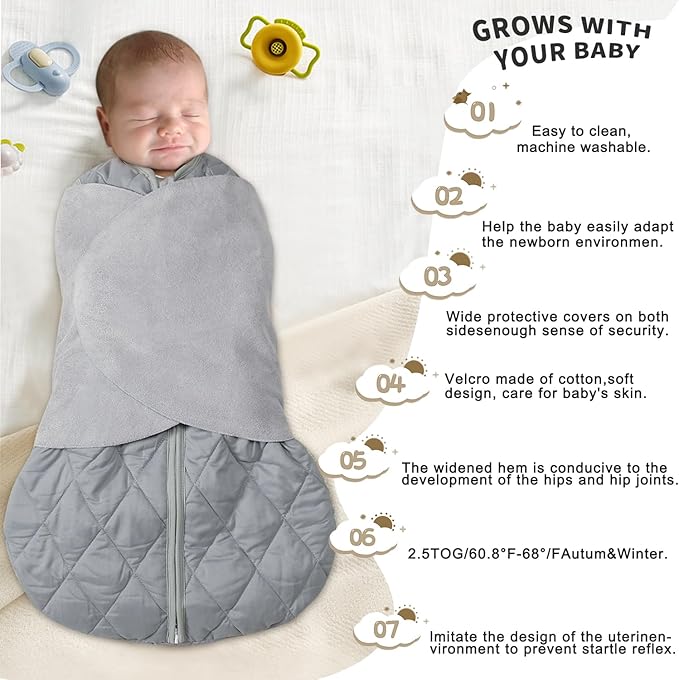BSTOPPT Newborn Sleep Sack Baby Swaddle,3-Way Adjustable Wearable Blanket,Swaddling Sleeping Bag,TOG 2.5 (Gray, 3-6 Months)