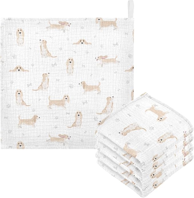 vvfelixl Baby Cotton Washcloths Basset Hound Dog Infants Bath Towel for Unisex Face Towels for Newborn, Natural Baby Wipes Delicate Skin, 11.8 X 11.8 inch, one sizex5