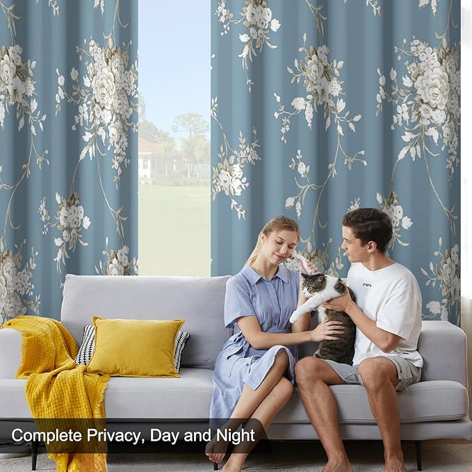 Blackout Curtains for Bedroom 84 Inch Long 2 Panels Set, Haze Blue Floral Grommet Winter Black Out Curtains for Living Room, Room Darkening Thermal Insulated Soundproof Window Drapes, Maintain Privacy