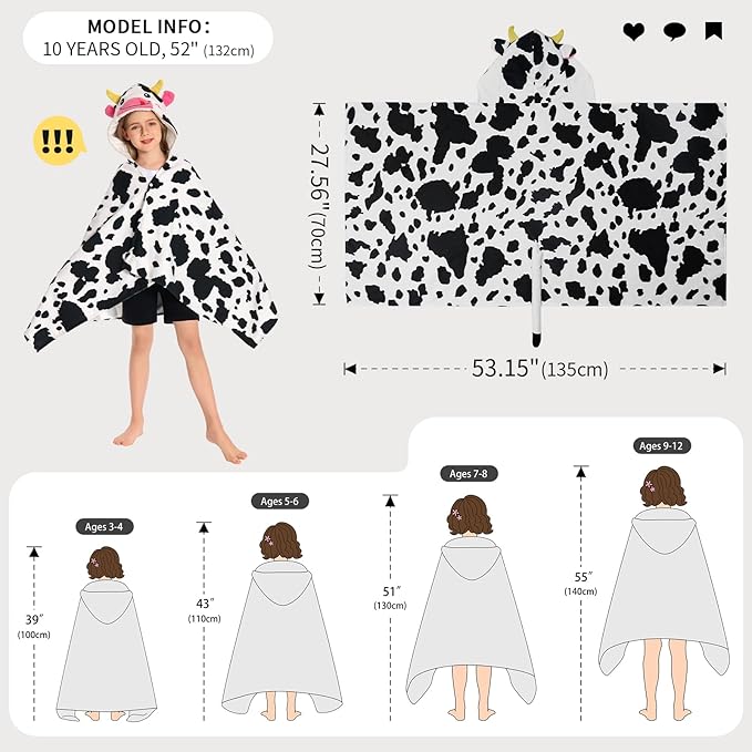 OLAOLA Cow Hooded Towel for Kids 3-12 Years, 28" x 53" Soft Thick Absorbent Beach Towels, Toddler Bath Towel Wrap Swim Pool Towels Poncho for Boys Girls