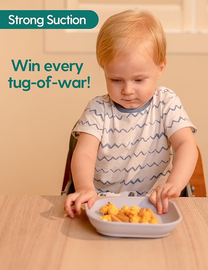 BABELIO Suction Plates for Baby and Toddler, 100% Food Grade Silicone, BPA Free, Dishwasher & Microwave Safe, with 4 Suction Cups, Stackable, 3 Pack