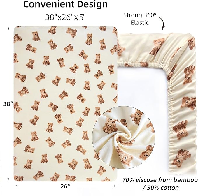 LifeTree Crib Sheets for Baby Unisex - Muslin Fitted Crib Sheets Toddler Bed Sheet, 70% Viscose from Bamboo and 30% Cotton, Fits Mini Crib & Pack and Play Playard, Bear, 26in x 38in