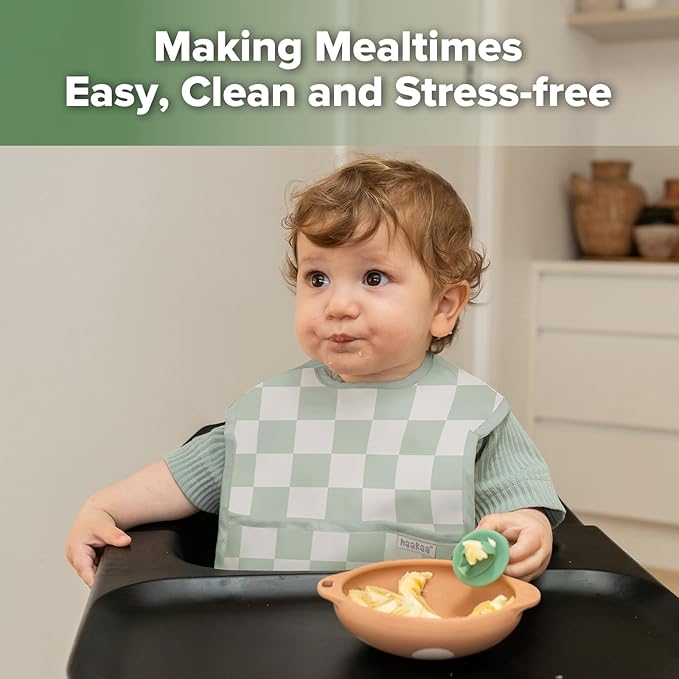 haakaa Waterproof Baby Bibs for Eating, Soft & Lightweight Toddler Bibs with Food Pocket, Easy Wipe Clean, Ages 6–24M, 2 Pack