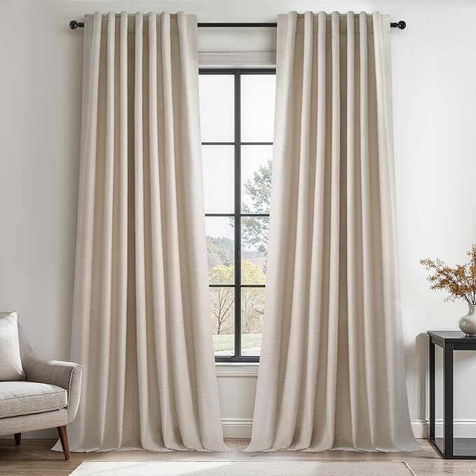 Topfinel 95 Inch Curtains Linen Blackout Curtains 2 Panel Set 100% Blackout Heat Reducing Room Darkening Curtains for Bedroom/Dorm UV Blocking/Noise Canceling Ivory Cream Drapes Back Tab Hooks&Rings