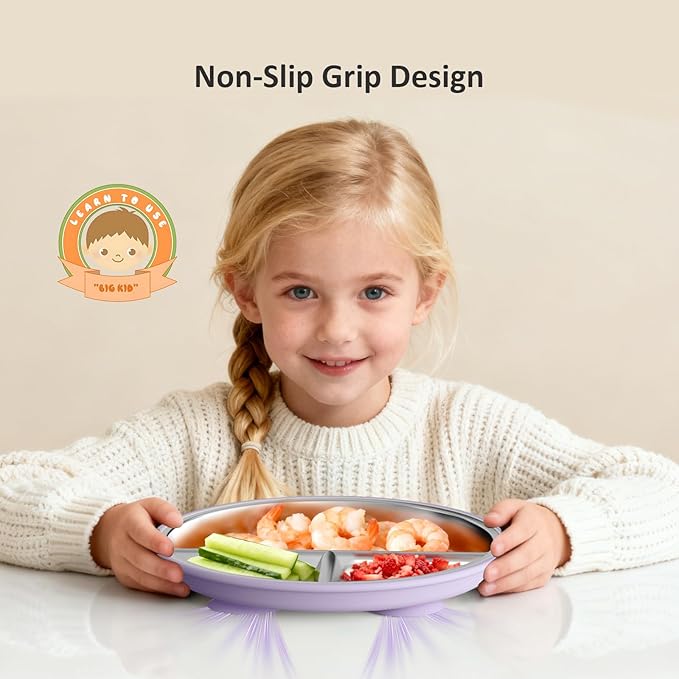 Bakpoco Stainless Steel Baby Plate with Suction, 9” Divided Toddler Plates with Removable Silicone Sleeves for Kids, Non-Toxic Non-Slip Unbreakable Dishwasher Safe Dinnerware Set of 2, Pink & Lilac