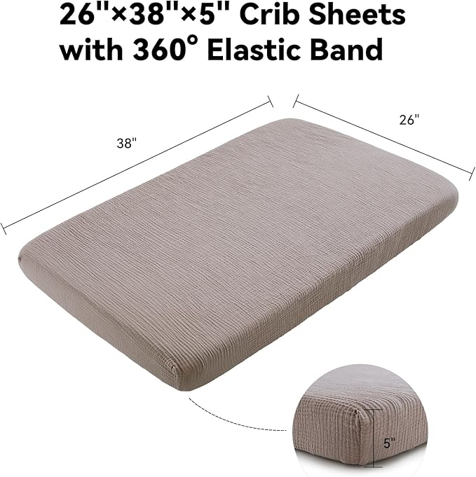 TILLYOU Muslin Mini Crib Sheets 2 Pack, Pack and Play Mattress Sheets Fitted for Pack N Play, 38 x 26 Sheet for Toddler, Grey Brown and Light Brown