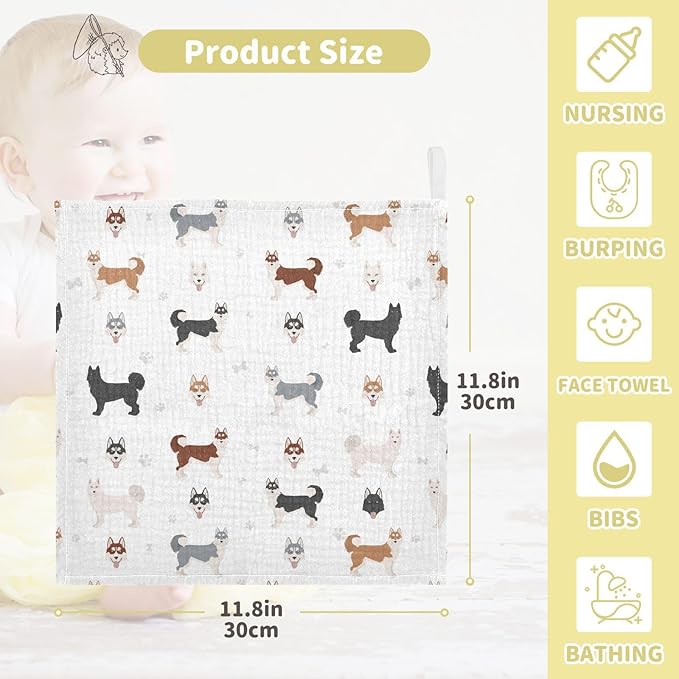 vvfelixl Baby Cotton Washcloths Siberian Husky Dog Infants Bath Towel for Unisex Puppy Face Towels for Newborn, Natural Baby Wipes Delicate Skin, 11.8 X 11.8 inch, one sizex3