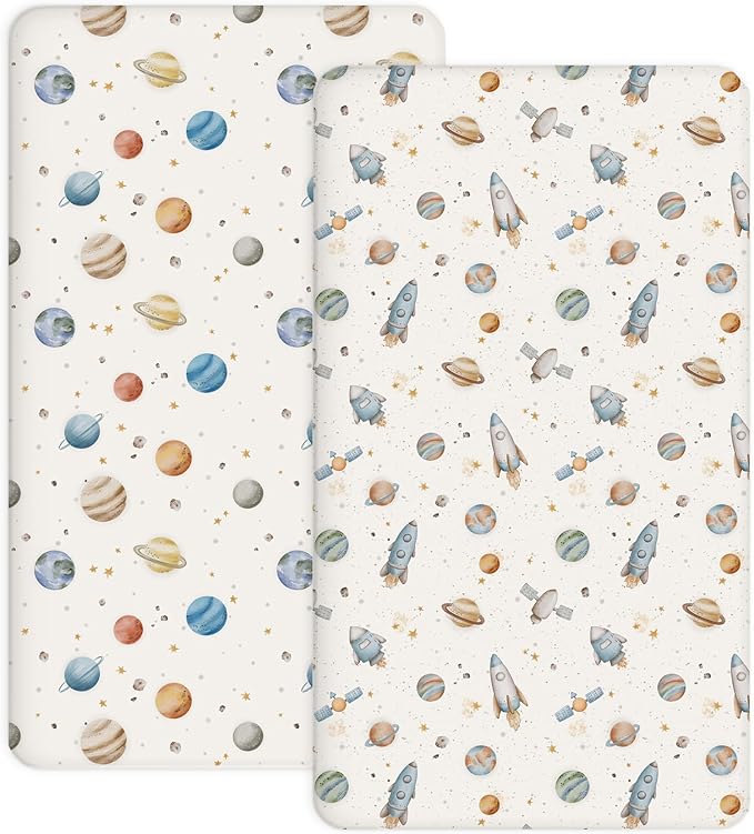 Crib Sheets for Boys and Girls, 2 Pack Fitted Baby Sheets for Standard Toddler Mattress 28" x 52", Soft Breathable Jersey Knit Baby Bedding (Stellar Adventure)