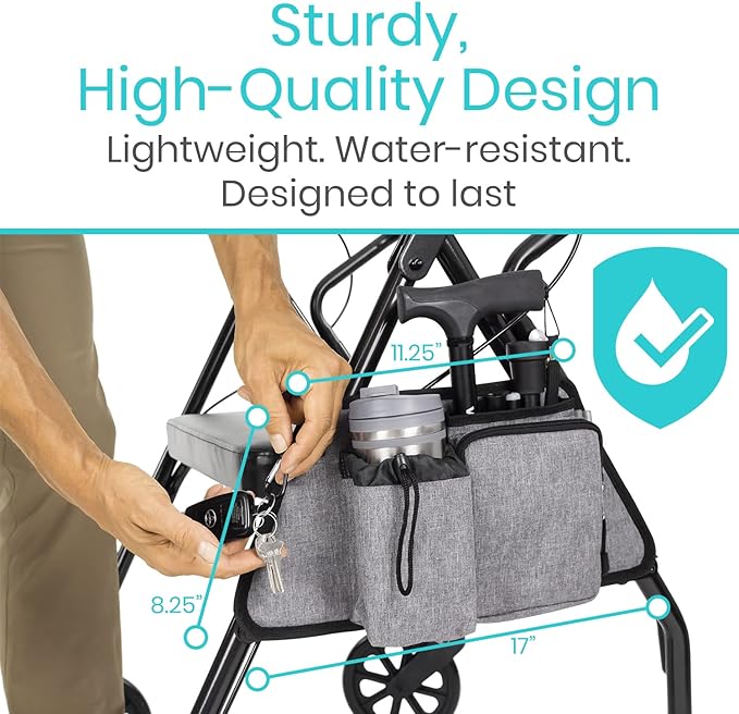 Vive Side Bag for Rollators, Wheelchairs, Walkers - Tote Organizer with Phone Pocket - Storage Travel Pouch - Small Hanging Stroller Accessories for Women, Men, Seniors - Non Slip Cup Holder
