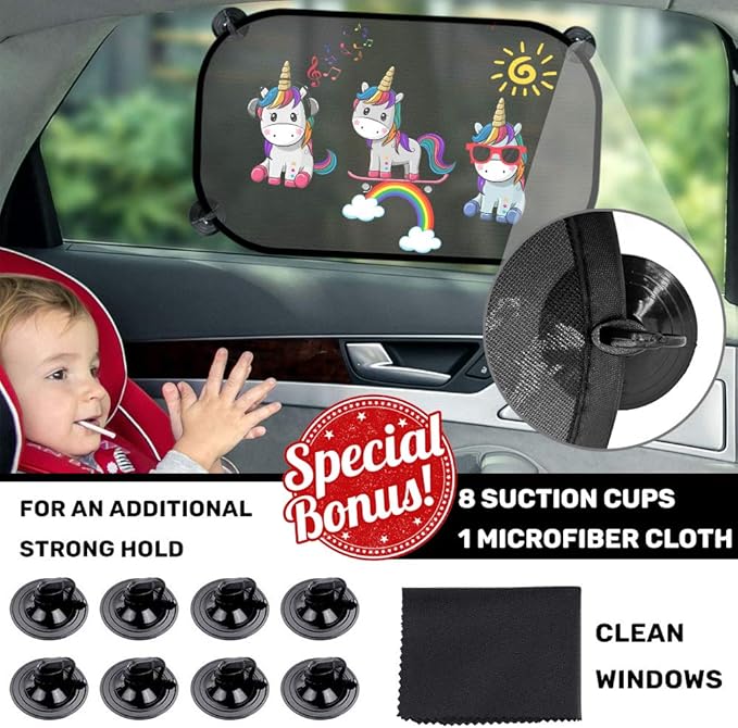 Car Sun Shade for Baby Kids 2 Pack Static Cling Side Window Car 80GSM Rear Sunshades Universal with 8 Suction Cups and Storage Bag - Sun Glare and UV Rays Protection (Unicorn)