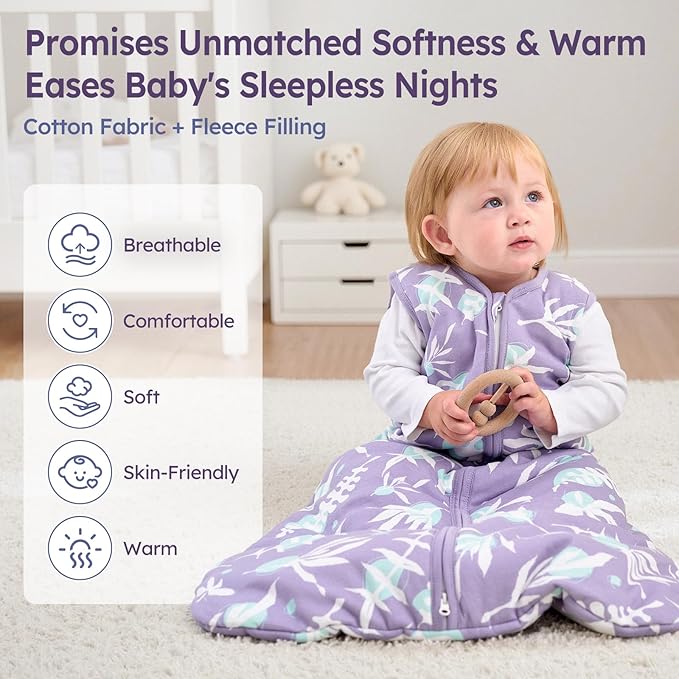 Unnivoll Baby Sleep Sack 6-12 Months TOG 2.5 Winter Baby Wearable Blanket, 100% Cotton Toddler Sleeping Sack with 2-Way Zipper Warm Soft Purple Leaf