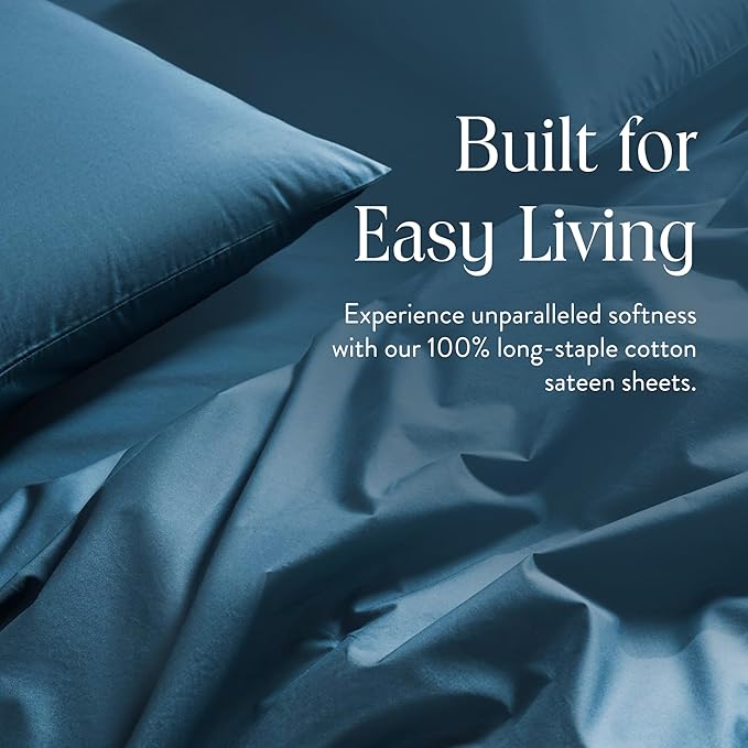 Brooklinen Luxury Sateen 4 Piece Sheet Set - 100% Cotton Bed Sheets, Soft & Durable Full Size Sheets Set in Abyss Blue, Oeko-TEX Certified Bedding Set, 1 Fitted Sheet, 1 Flat Sheet, 2 Pillowcases