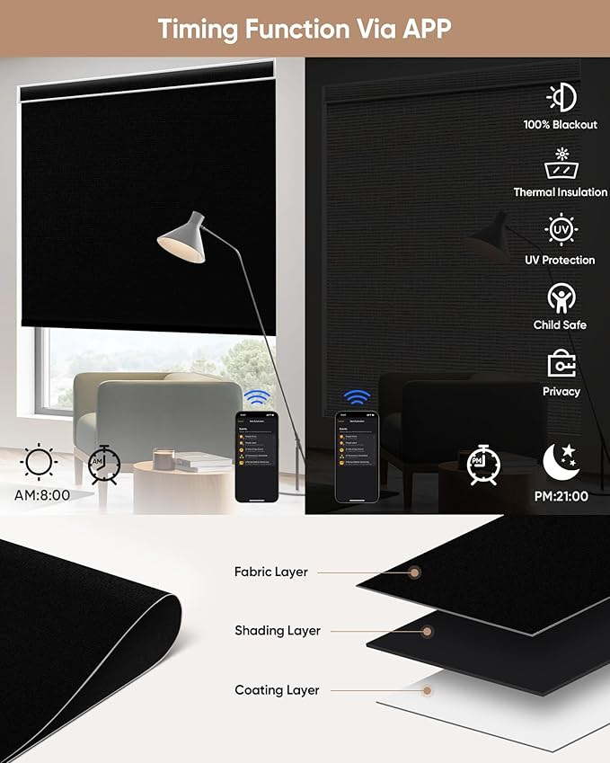 Kincmo Motorized Blinds with Remote,100% Blackout Motorized Roller Shades Work with Apple Homekit,Alexa,Google, Custom Electric Blinds with App,Voice Control (Vinyl Black)