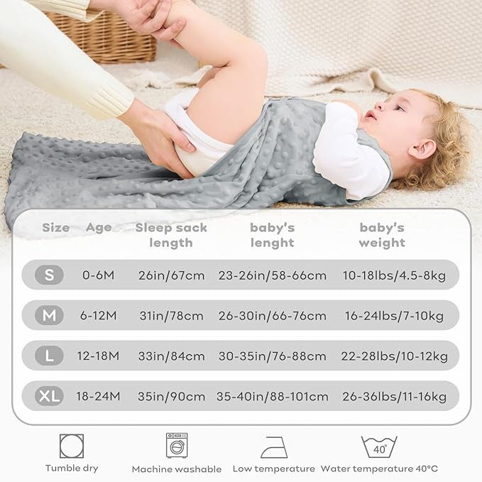 FIEMOL Fleece Baby Sleep Sack 6-12 Months, 1.5 TOG Cotton Baby Wearable Blanket With Soft Plush Dots, 2 Pack Newborn and Infant Warm Sleeping Sack with 2-Way Zipper Green&Grey