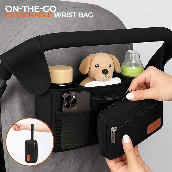 Stroller Organizer with Cup Holder Detachable Wristlet Large Capacity Baby Stroller Bag for Mom, Fits Uppababy, Baby Jogger, Britax, BOB, More (Black)