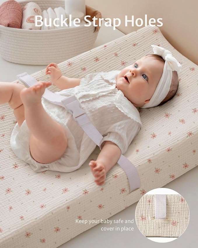 Blissful Diary Muslin Changing Pad Cover for Girls Boys, Ultra Soft Breathable Cotton, Baby Diaper Change Table Pad Covers, 2Pack (Pink Floral & Light Pink)