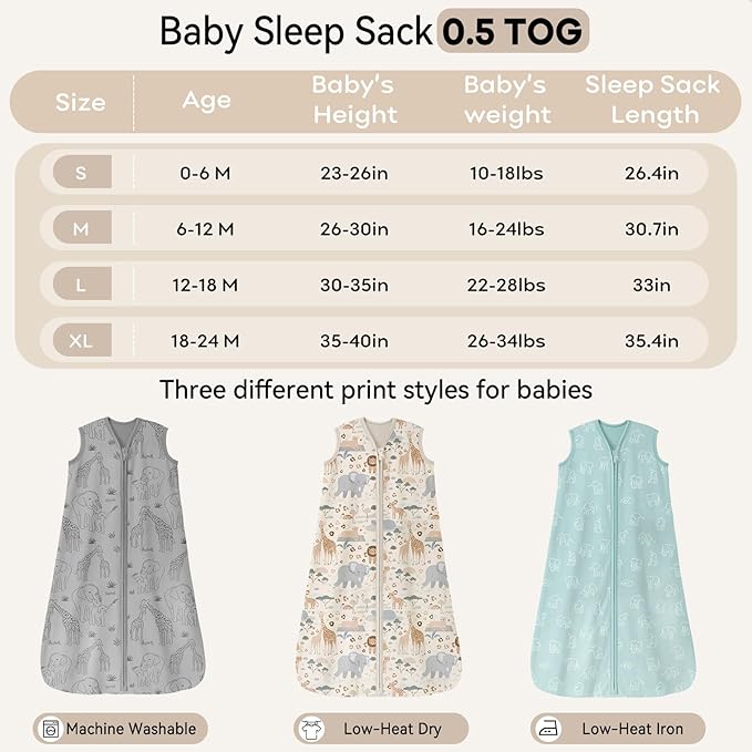 Unnivoll Baby Sleep Sack 6-12 Months 0.5 Tog Wearable Blanket Baby, 3 Pack 100% Cotton Lightweight Sleeping Sack with 2-Way Zipper for Newborn Infant Apricot Gray Green Elephant