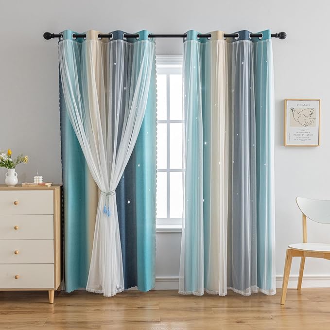 Star Girl and Kids Curtains for Bedroom Rainbow Ombre Double Layer Cute Shot Nursery Darkening Grommet Princess Room Décor 2 Panels Living Room Window Curtain (Blue Yellow52W x 72L