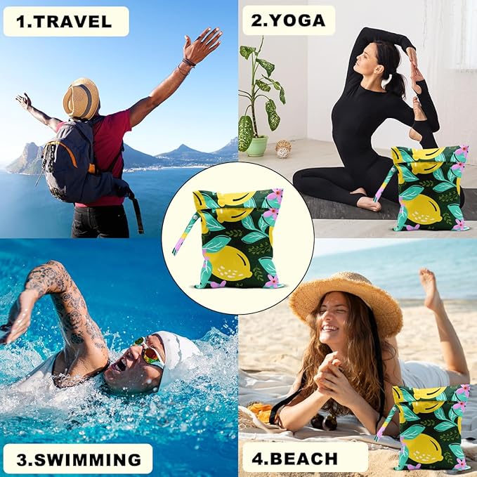 2Pcs Summer Lemon Wet Bag 12x10 Inch, Rustic Lemon Waterproof Travel Laundry Bags, Washable Reusable Wet Dry Bag for Swimsuit Beach Diapers Dirty Yoga Gym Clothes, Plant Gifts for Women Friend