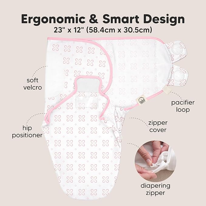 Baby Swaddle Sleep Sacks with Zipper - 3-Pack Swaddles for Newborns 0-3 Months, Infant, Baby Girls, Boys, Soft & Durable Newborn Sleep Sack, Easy Diaper Change Swaddling Blanket (Blossom)