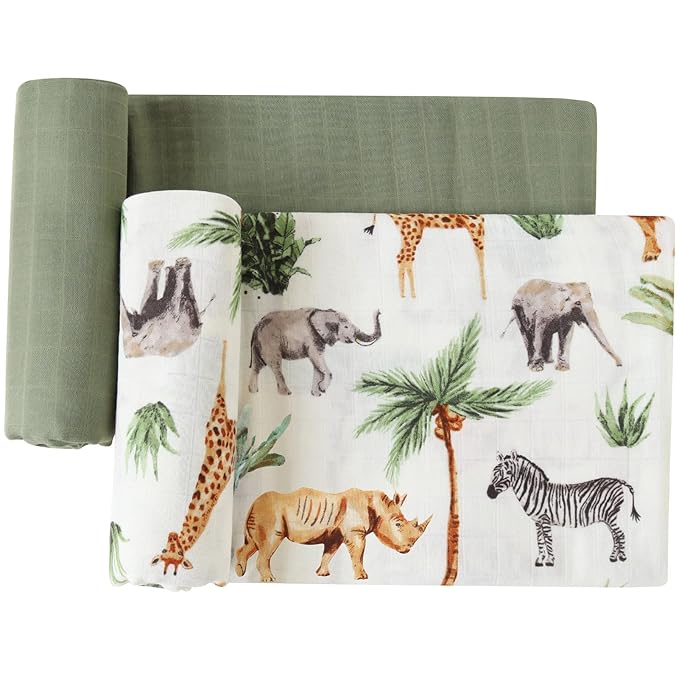 LifeTree Muslin Swaddle Blankets, Woodland Baby Swaddling Receiving Blanket for Boys & Girls, 70% Viscose from Bamboo and 30% Cotton, Large 47 x 47 inches Safari Jungle/Olive Green