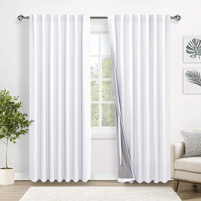 XWZO Total Blackout Curtains 84 Inches Long - Double Layer Full Room Darkening & Energy Efficiency Rod Pocket & Back Tab Extra Wide Window Panels with Tiebacks, White, W60 x L84, Set of 2