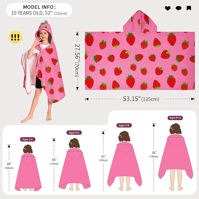 OLAOLA Strawberry Hooded Towel for Kids 3-12 Years, 28" x 53" Soft Thick Absorbent Beach Towels, Toddler Bath Towel Wrap Swim Pool Towels Poncho for Boys Girls