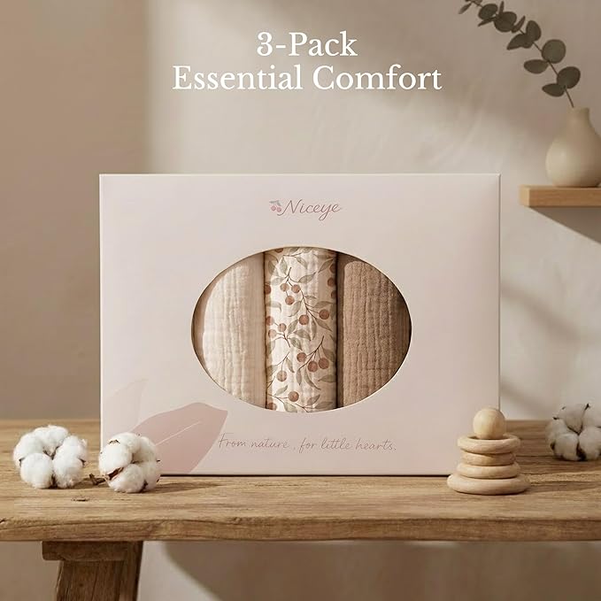 Niceye Muslin Baby Bassinet Sheets 3-Pack 100% Cotton (33" x 15") Sleeper Bassinet Fitted Sheets for Oval & Hourglass Mattresses, Unisex for Baby Girl/Boy (Khaki)