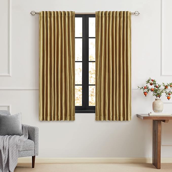 PRIMROSE Golden Velvet Curtains 63 inch Long for Living Room,Set of 2 Panels Blackout Rod Pocket Back Tab Window Treatment Room Darkening Heavy Decorative Curtains Drapes for Bedroom
