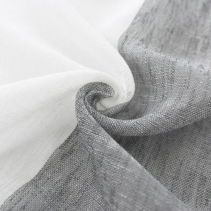 Central Park Gray Tan Stripe Sheer Color Block Window Curtain Panel Linen Texture Window Treatment for Bedroom Living Room Farmhouse 102 Inches Long with Grommets, 40"x102"x2