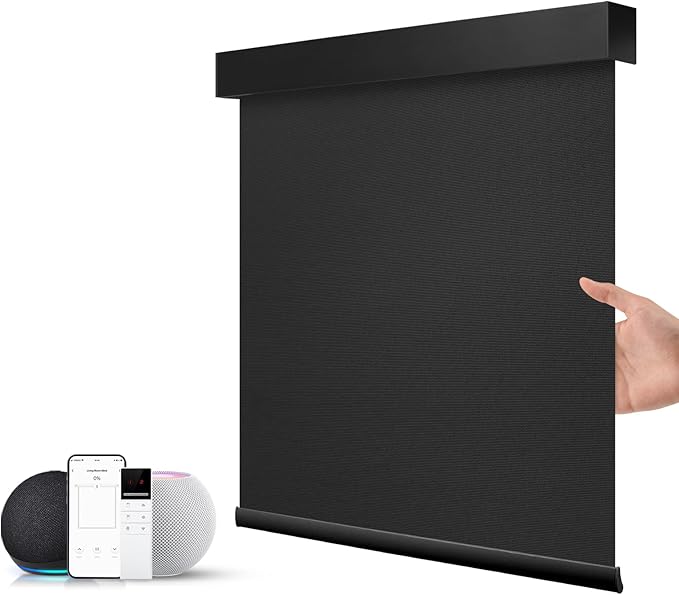 ZSTARR Motorized Smart Blind for Window with Remote Control, Automatic Blackout Roller Shade Customizable Size,with Valance Child Safety Rechargeable Battery Blinds (Full Blackout Black)