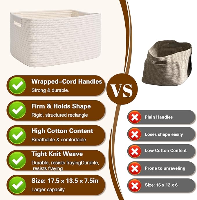 2 Pack Large Storage Basket for Organizing, 17.5"x13.5"x7.5" Woven Basket for Shelves, Closet Cube Storage Bins with Wrapped Handle, Cotton Rope Baskets for Kitchen, Clothes, Toys(Off White)