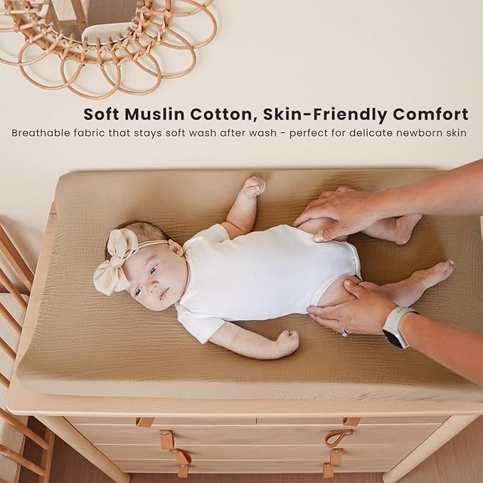 Konssy Muslin Changing Pad Cover for Baby Girls Boys, 100% Cotton Fitted Diaper Chang Table Covers, Soft Breathable Changing Pad Sheets, 2 Pack (Camel,Sun)