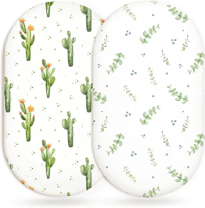 Bassinet Sheets for Baby Girls Boys 2 Pack, Fitted Baby Mattress Sheet for Rectangle, Oval, Hourglass Bassinet Mattress, Breathable Cozy & Universal Fit (Desert Green)