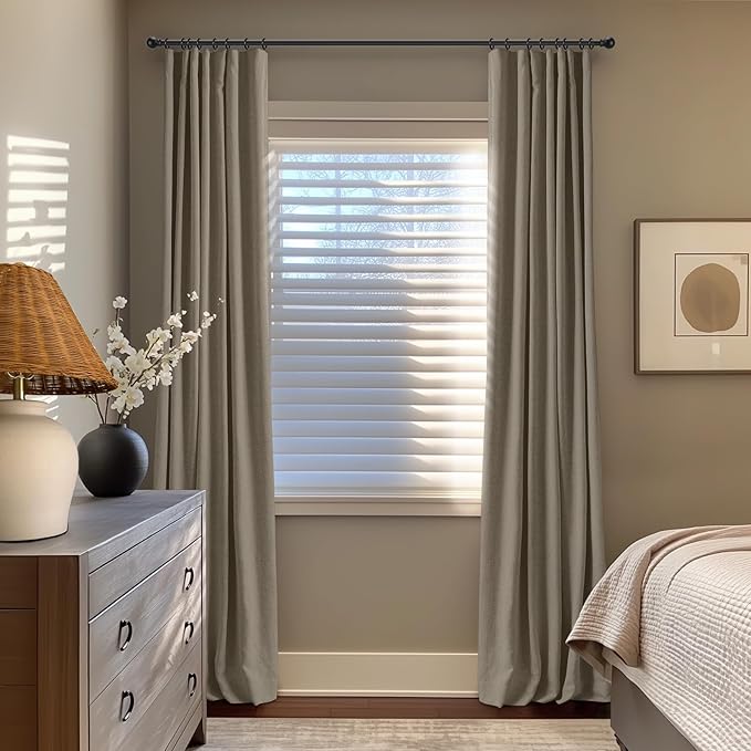 INOVADAY 100% Blackout Curtains for Bedroom, Black Out Curtains 90 Inch Long, Clip Rings Linen Blackout Drapes, Thermal Insulated Room Darkening for Living Room, 2 Panels - Fauxlinen,W50xL90