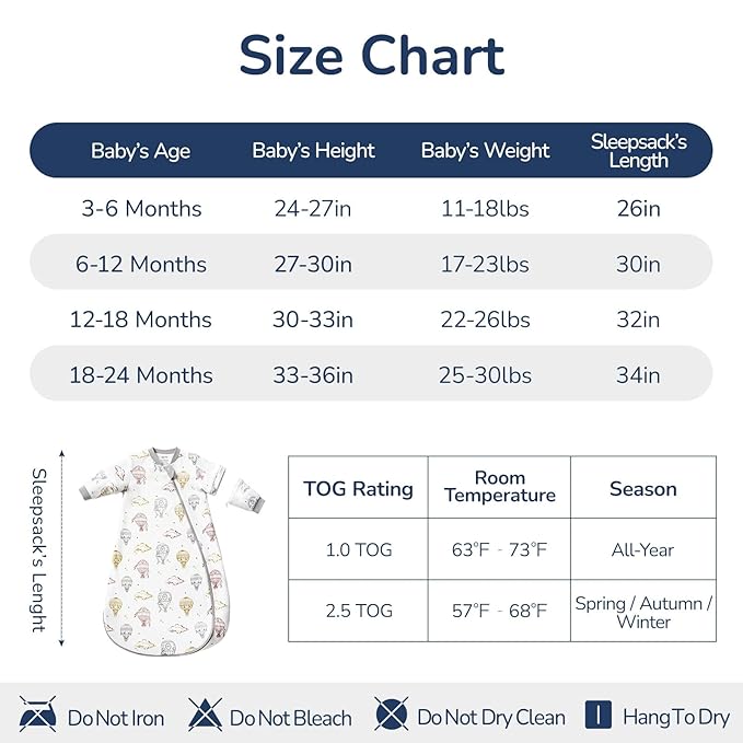 Baby Sleep Sack 12–18 Months, Cotton Sleep Sack with Detachable Long Sleeves, 1.0 TOG Wearable Blanket for Cooler Nights, 2-Way Zipper Toddler Sleeping Sack with Temperature Strip, Hot Air Balloon