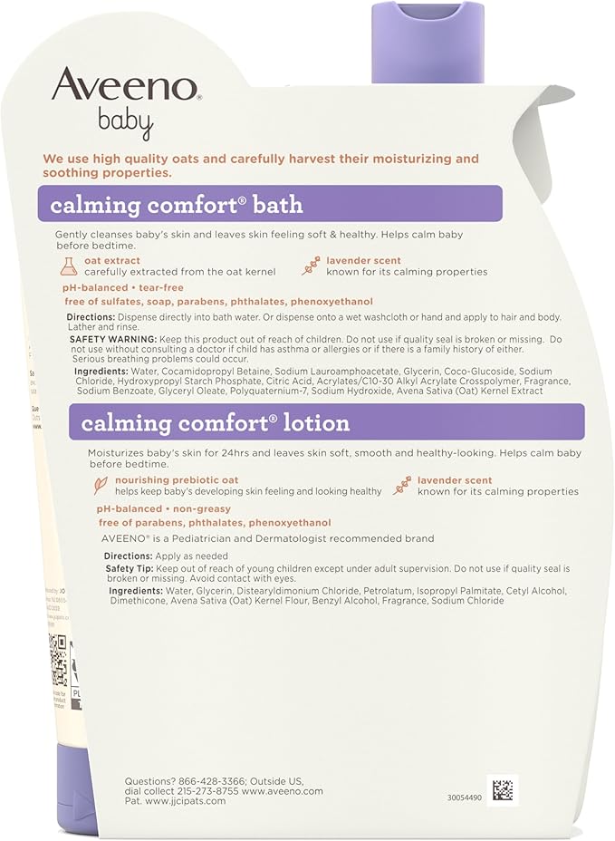 Aveeno Baby Calming Comfort Bath & Body Lotion Set, Nighttime Baby Skin Care Products with Nourishing Oatmeal Plus Relaxing Lavender & Vanilla Scents, Paraben- & Phthalate -Free, 2 Items | Calming Comfort, Nighttime, Natural Oat, Lavender, Vanilla Scen...