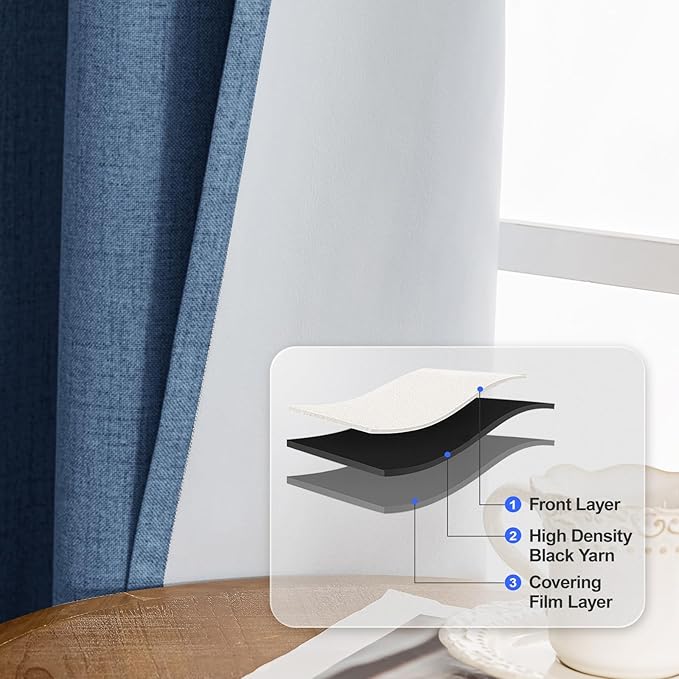 Linen 100% Blackout Curtains for Bedroom, Room Darkening Curtains for Living Room, 108 Inch Blackout Curtains, Extra Long Curtain Grommets Drapes, Thermal Curtains (2 Panels, Navy Blue)