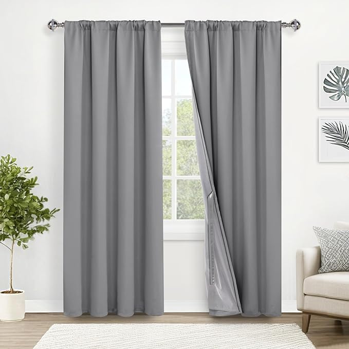 XWZO 100% Blackout Curtains with Tiebacks- 2 Thick Layers Completely Shaded Thermal Insulated Lined Window Drapes for Bedroom/Laundry, Rod Pocket & Back Tab, Light Grey, W52 x L84, Set of 2 Panels