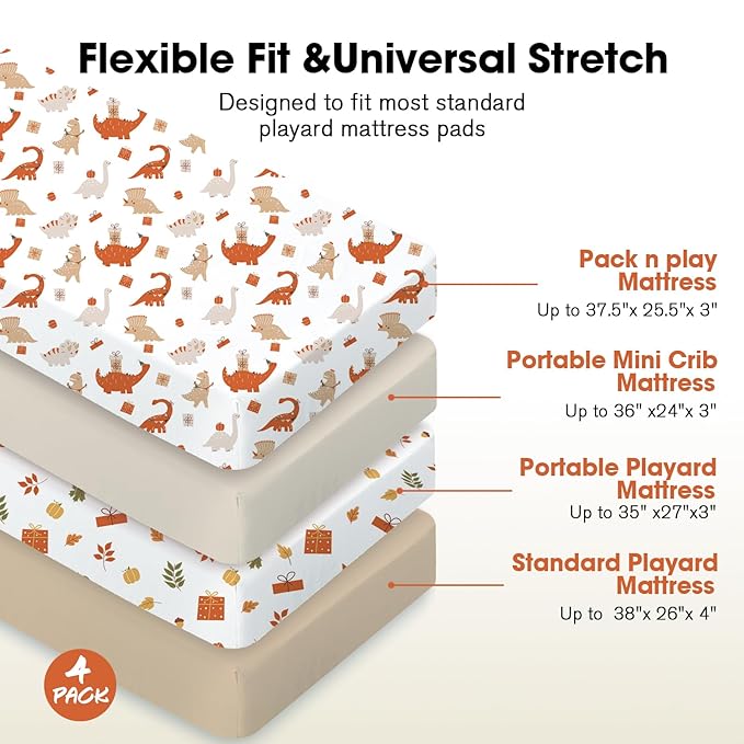 Bimocosy Pack and Play Sheets Fitted 4 Pack, 38 x 26 Inch Pack n Play Mini Crib Sheets for Boys and Girls, Soft Stretchy Playard Mattress Sheets for Graco Pack n Play, Dino Harvest