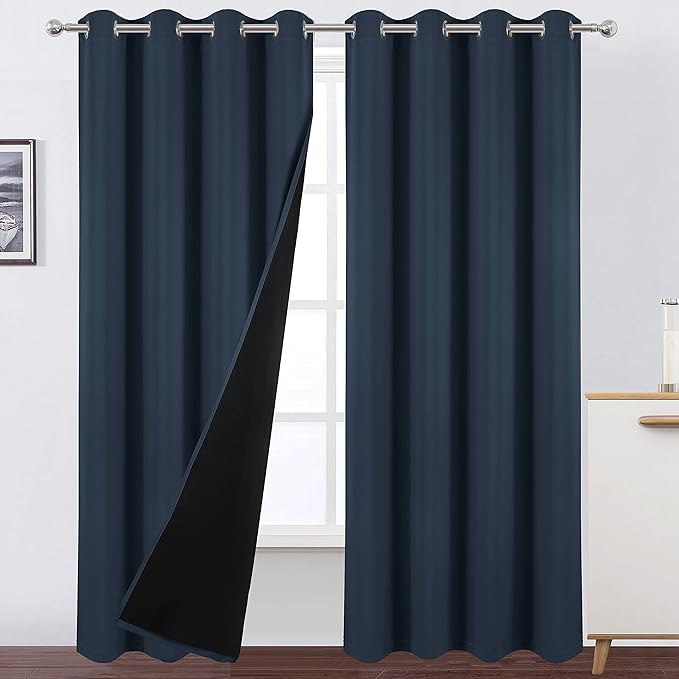 LEMOMO 100% Blackout Curtains 52 x 95 Inch/Navy Blue Curtains 2 Panels with Black Lining Room Darkening Thermal Insulated Bedroom Curtains