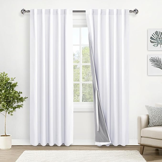 XWZO White Blackout Curtains with Tiebacks - Heat and Full Light Blocking Rod Pocket & Back Tab Window Panels for Bedroom/Nursery, 84 Inches Long Thermal Insulated Draperies, W38 x L84, Set of 2