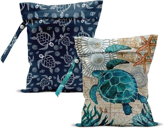 2Pcs Turtle Wet Bag 12x10 Inch, Starfish Waterproof Reusable Wet Dry Bags, Sea Weed Washable Travel Laundry Bags for Swimsuit Beach Diapers Dirty Yoga Gym Clothes, Sea Turtle Gifts for Women Friend
