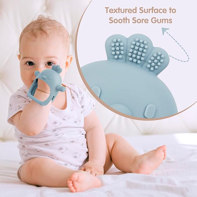 Baby Teether Toy for Infants 3–24 Months, Silicone Biting Toy with Handle, Textured Surface for Gum Soothing, Easy to Hold and Clean, Travel-Friendly Design (Chicken Dusty Blue)