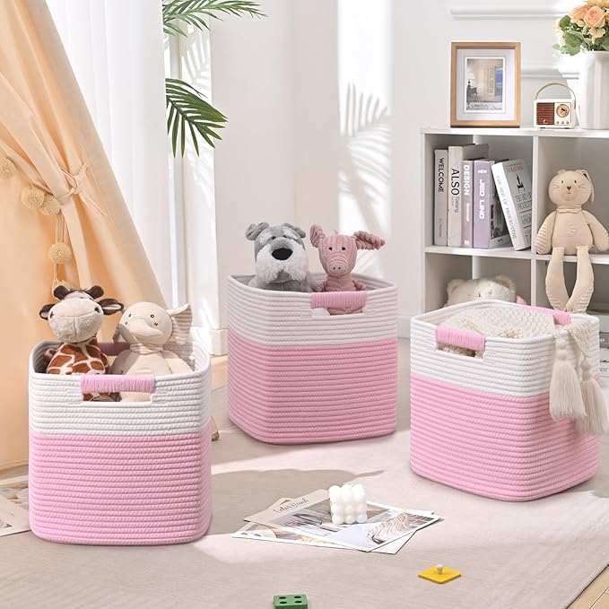 11 Inch Storage Cubes, 3 Pack Cube Storage Bins for Organizing, Cotton Rope Woven Baskets for Shelves, Bathroom, Kids Room, Closets, Baby Nursery